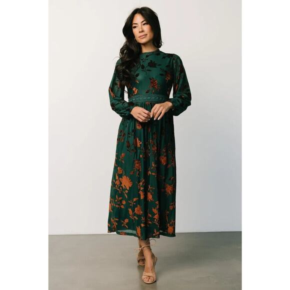 Baltic Born Dresses & Skirts - Baltic Born Christine Maxi Dress Burnout Velvet Jade Green Long Sleeve 1X Plus